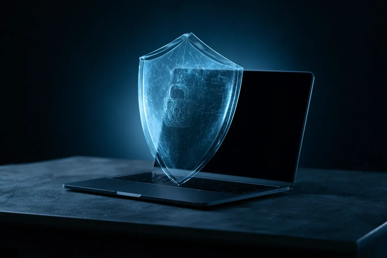 Symbolbild IT-Sicherheit: ein schützender Schild über einem Laptop